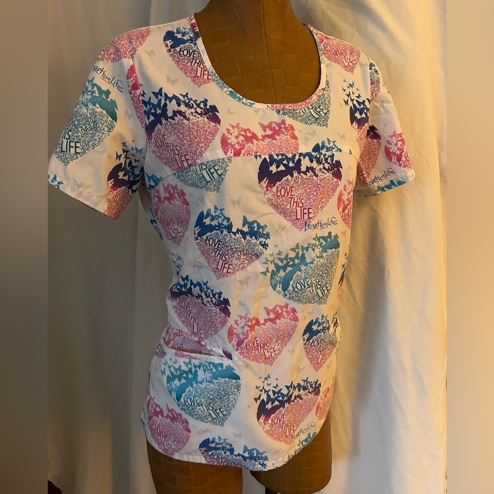 Love This Life Womens Butterfly Heart Print Scrub Top White Pink Teal 4802 S